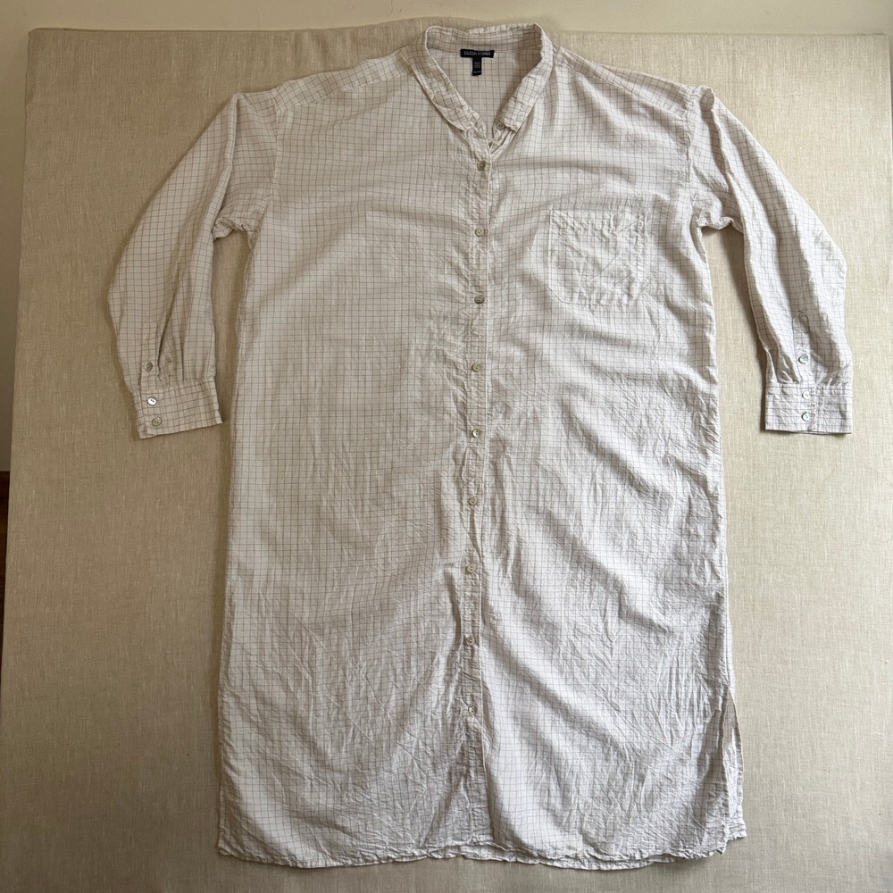 Eileen Fisher Silk Habutai Check Shirt Dress White XL Boxy Relaxed